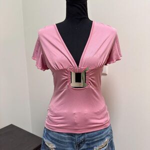 Vintage Hot Kiss Babydoll Top \ Y2K Pink V-Neck Blouse w. Flowy Sleeves \ Sz SM